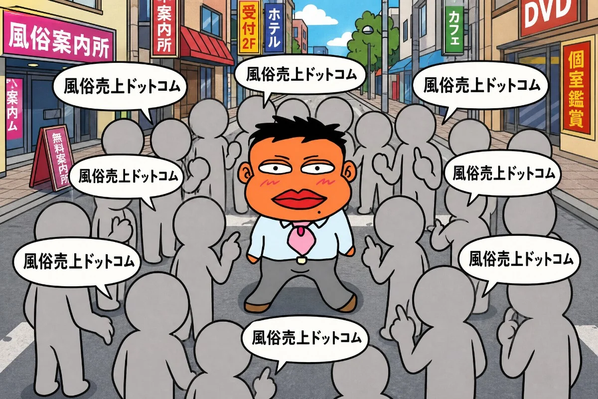 大勢の人々に指名されている風俗売上.comのおじさんのイラスト