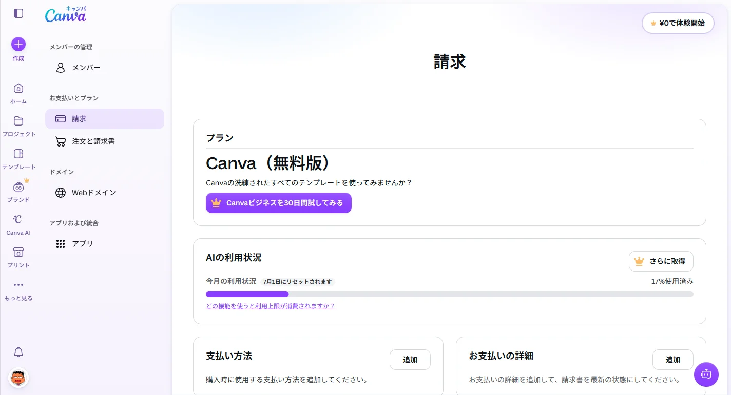 CanvaのAI利用枠の消費状況確認画面