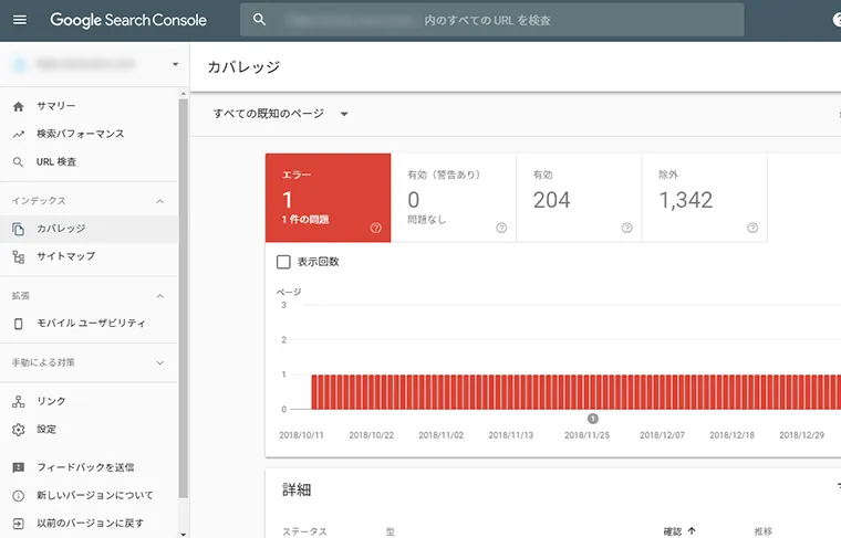 インデックスカバレッジの表示画面