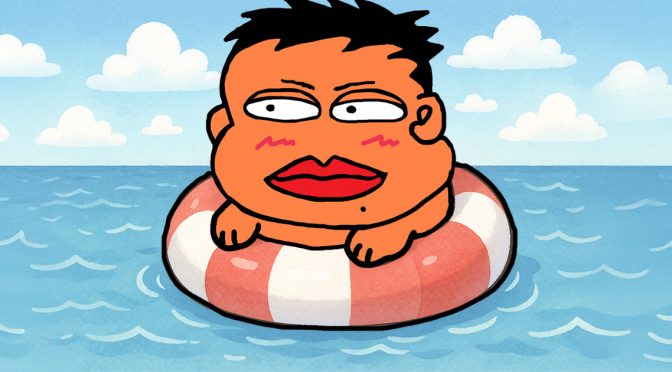 海に浮き輪で浮かぶ男